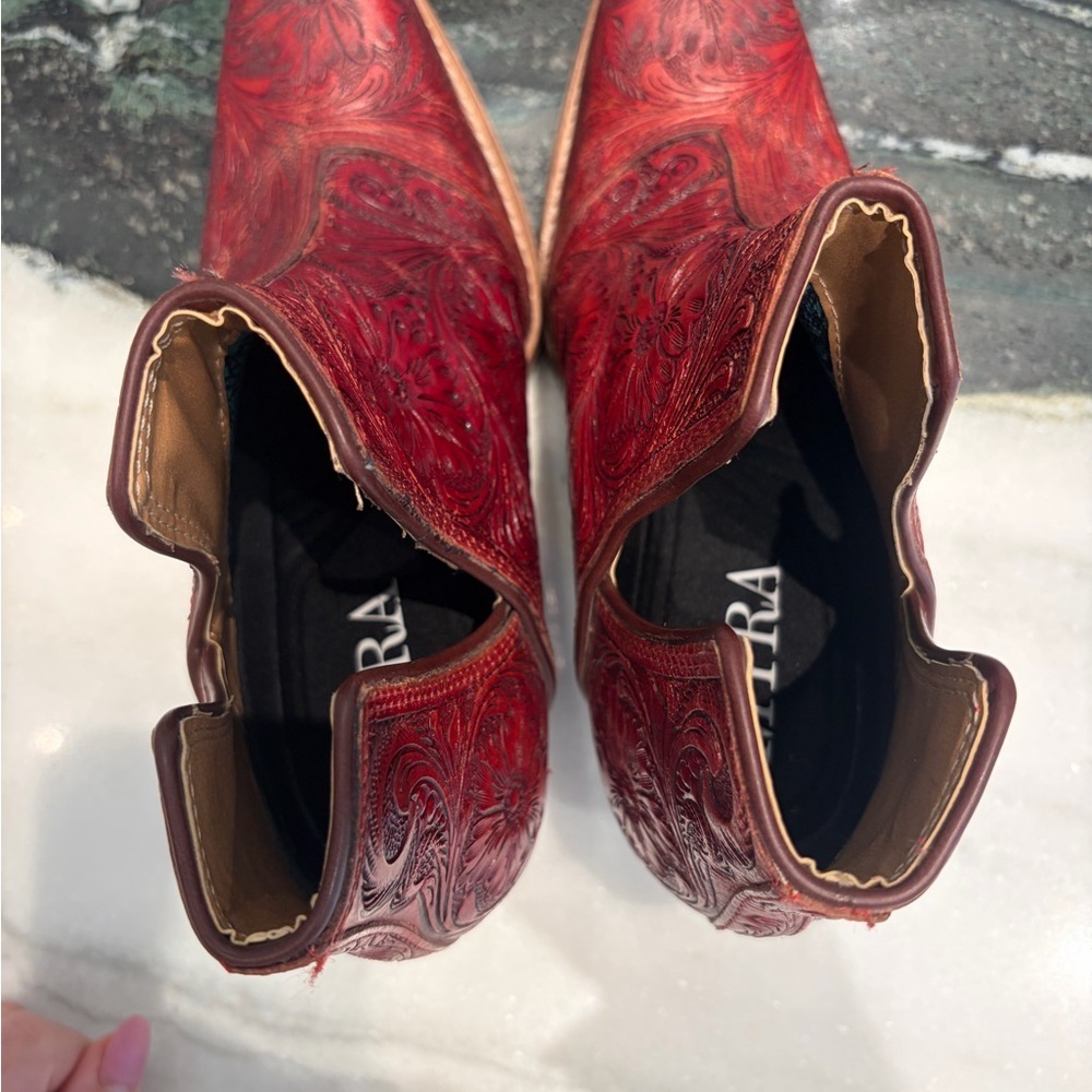 Myra Floral Embossed Leather Western Booties | Red | Size 7 - Picture 7 of 8